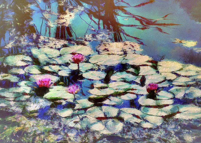 Pond Greeting Card featuring the mixed media Pond Lilies at the End of Summer by Christopher Reed