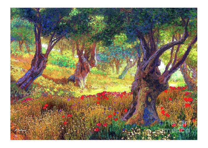Tree Greeting Card featuring the painting Poppies and Olive Trees by Jane Small
