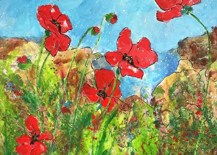 Poppies Greeting Card featuring the painting Poppies by the Sea II by Elaine Elliott