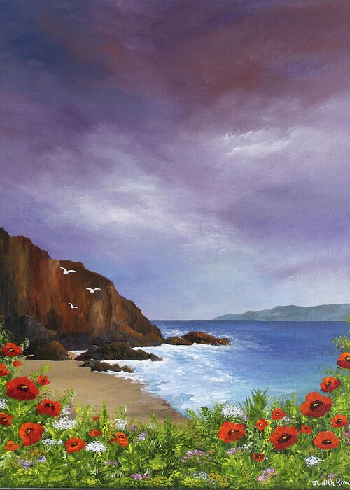 Seascape Greeting Card featuring the painting Poppies by the Sea by Judith Rowe