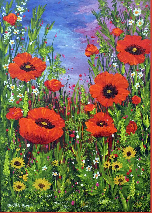 Poppies Greeting Card featuring the painting Poppy Fields by Judith Rowe