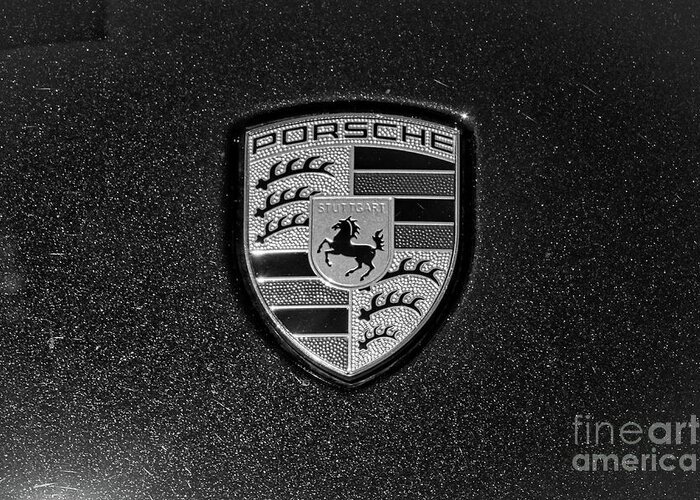 Bw Greeting Card featuring the photograph Porsche Hood Emblem Detail Black and White by Stefano Senise