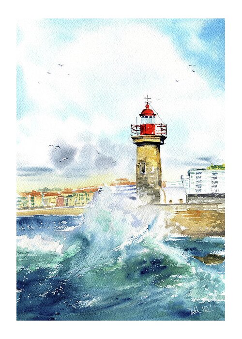 Porto Greeting Card featuring the painting Porto Felgueiras Lighthouse Painting by Dora Hathazi Mendes