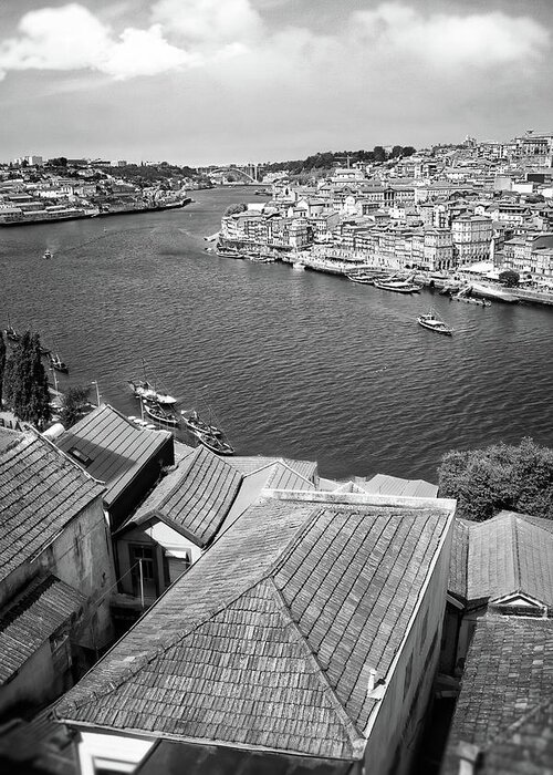 Porto Greeting Card featuring the photograph Porto Portugal Banks of The Douro Black and White by Carol Japp