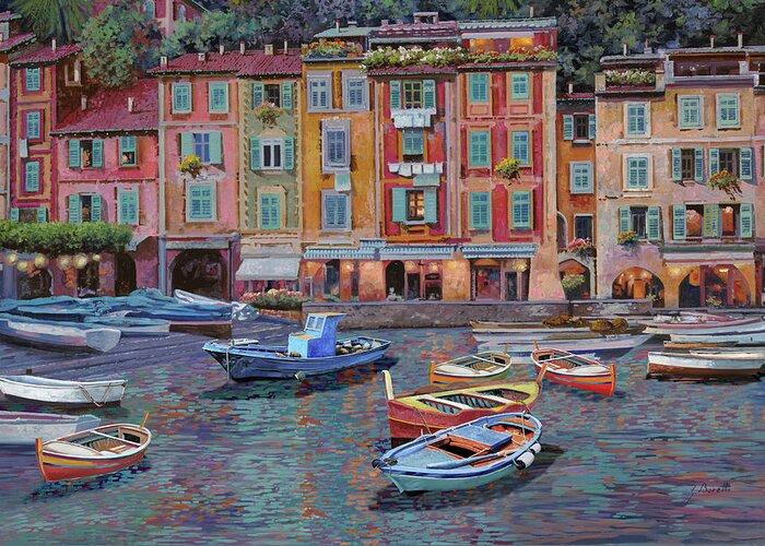 Portofino Greeting Card featuring the painting Portofino al crepuscolo by Guido Borelli