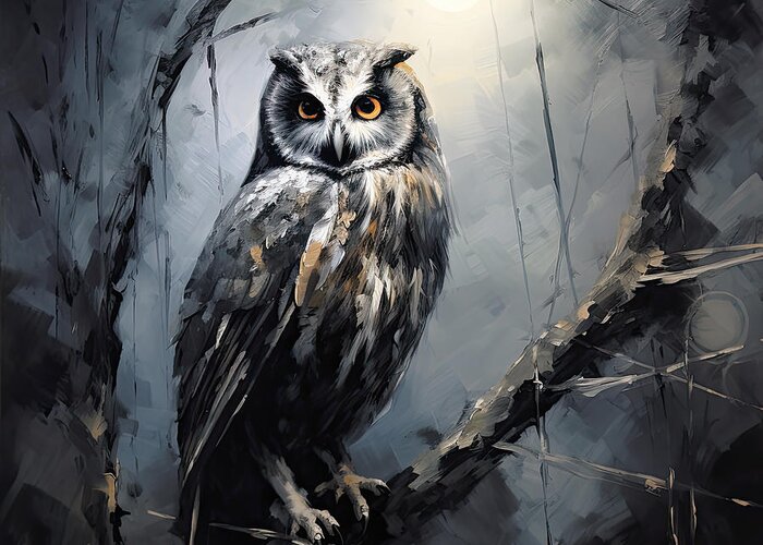 Owl Greeting Card featuring the digital art Portrait of an Owl in Moonlight by Lourry Legarde