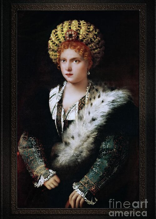 Portrait D`isabella D`este Greeting Card featuring the painting Portrait of Isabel of Este by Tiziano Vecellio by Tiziano Vecellio Fine Art Old Masters Reproduction by Rolando Burbon