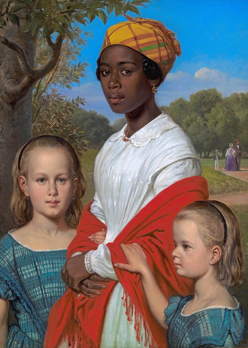 Wilhelm Marstrand Greeting Card featuring the painting Portrait of Otto Marstrand's two daughters and their nanny by Wilhelm Marstrand
