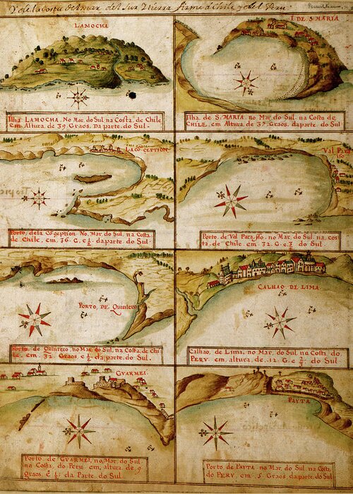 Maps Greeting Card featuring the drawing Ports and Island on the Coast of Peru and Chile 1630 Portuguese Map by Vintage Maps