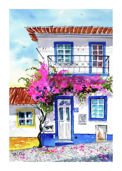 Portugal Greeting Card featuring the painting Portuguese House with Bougainvillea Painting by Dora Hathazi Mendes