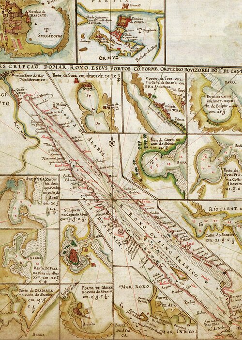 Maps Greeting Card featuring the drawing Portuguese Map of the Red Sea and The Middle east 1630 by Vintage Maps