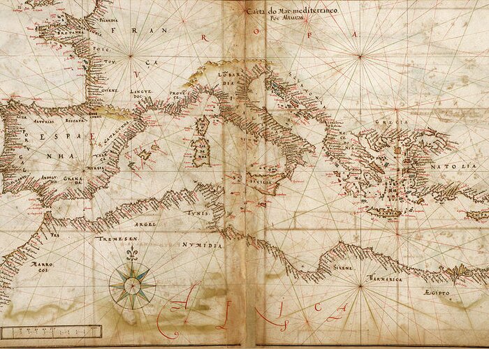 Maps Greeting Card featuring the drawing Portuguese maps of the Mediterranean Countries 1630 by Vintage Maps