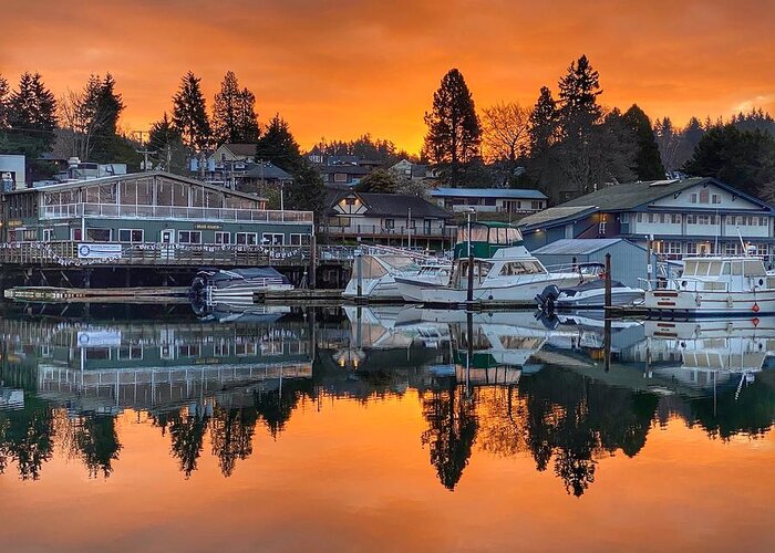 Orange Greeting Card featuring the photograph Poulsbo Waterfront Sunrise 2 by Jerry Abbott