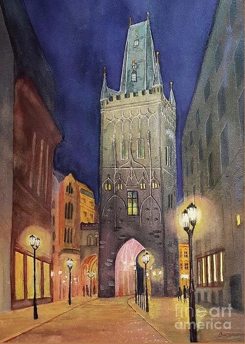 Prague Greeting Card featuring the painting Powder Tower-Prague by Petra Burgmann