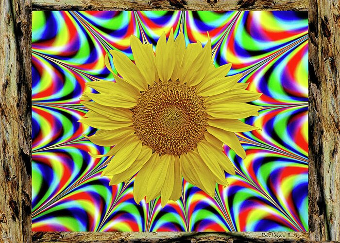 Sunflower Art Greeting Card featuring the photograph Power of the Flower in a Redwood Bark Frame by Ben Upham III