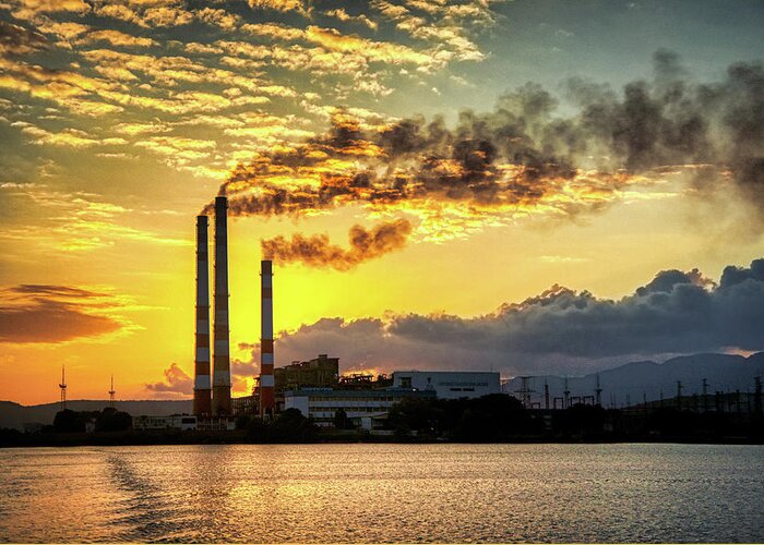 Clouds Greeting Card featuring the photograph Power plant pollution by Micah Offman