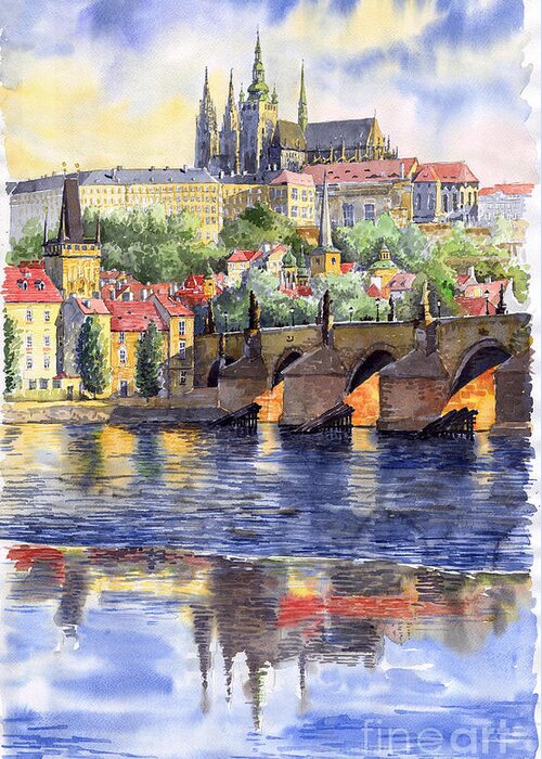Watercolour Watercolor Prague Praha Cityscape Castle Old City Hous Bridge Greeting Card featuring the painting Prague Castle with the Vltava River 1 by Yuriy Shevchuk
