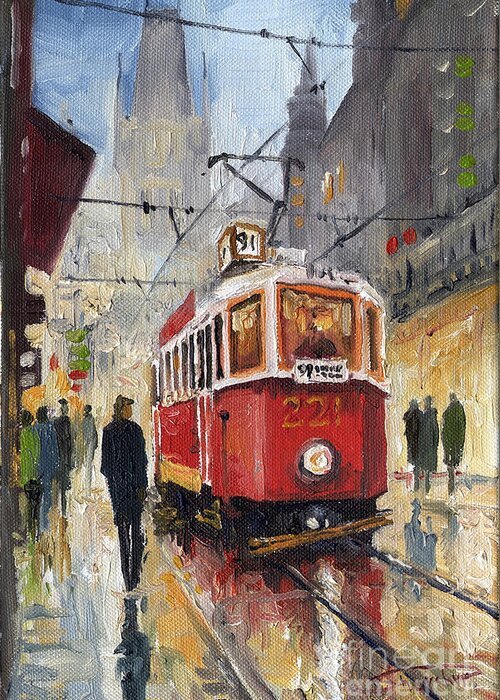 Prague Greeting Card featuring the painting Prague Old Tram 07 by Yuriy Shevchuk