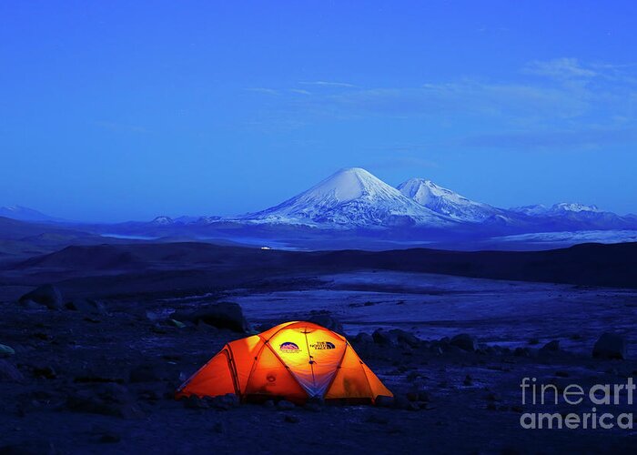Chile Greeting Card featuring the photograph Pre Dawn Twilight Over Guallatiri Base Camp Chile by James Brunker