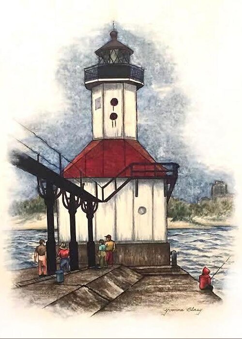 Lighthouse Greeting Card featuring the drawing Pre2020#11 St Joseph Lighthouse With Figures by Yvonne Blasy