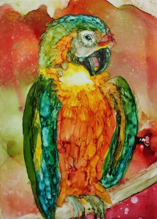 Macaw Greeting Card featuring the painting Preening Parrot by Ruth Kamenev