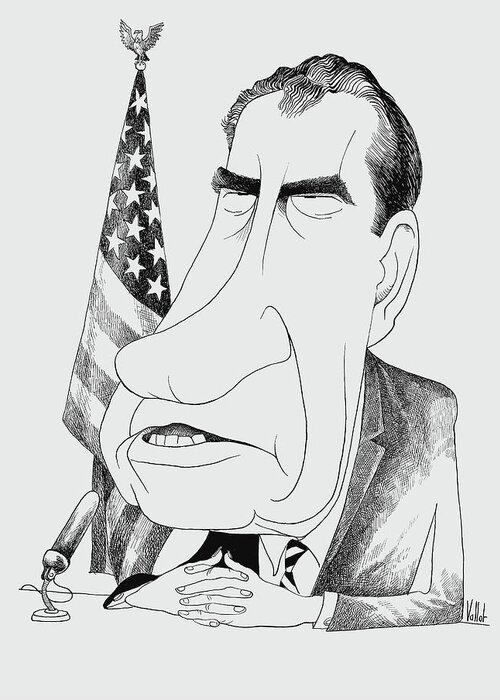 Richard Nixon Greeting Card featuring the drawing President Richard Nixon Caricature - Edmund Valtman - Circa 1970 by War Is Hell Store
