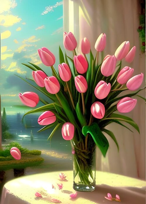 Floral Greeting Card featuring the digital art Pretty Pink Tulips by Katrina Gunn