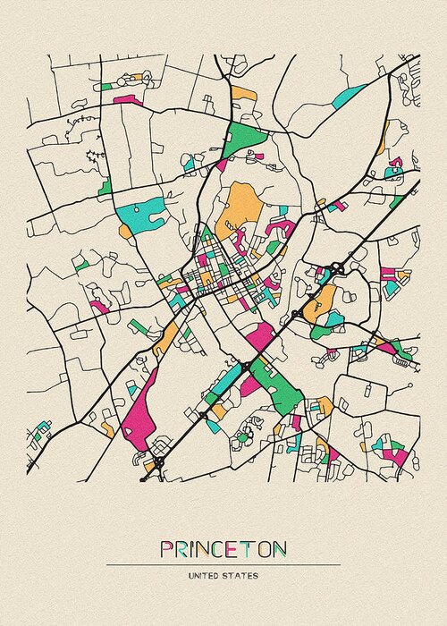 Princeton Greeting Card featuring the drawing Princeton, New Jersey City Map by Inspirowl Design