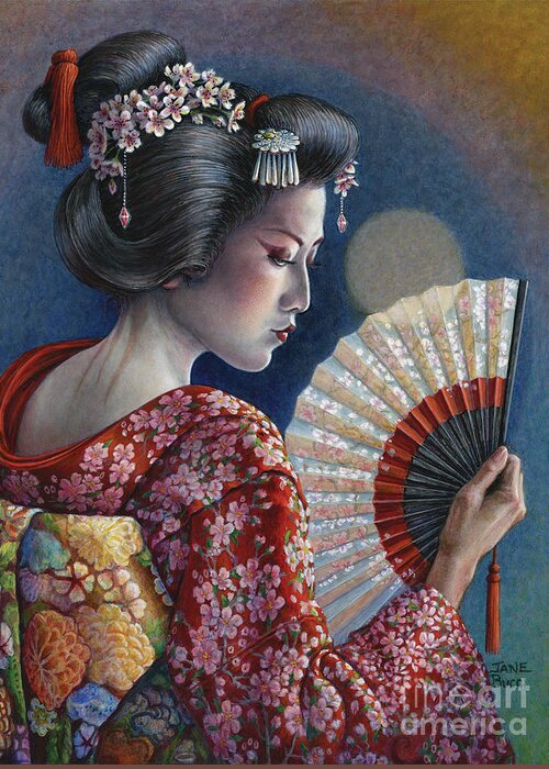 Woman Greeting Card featuring the painting Gossamer Moon Geisha by Jane Bucci