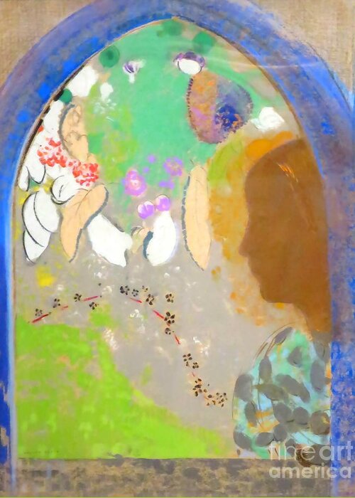 Profile Of A Woman In The Window Greeting Card featuring the painting Profile of a Woman in the Window by Odilon Redon