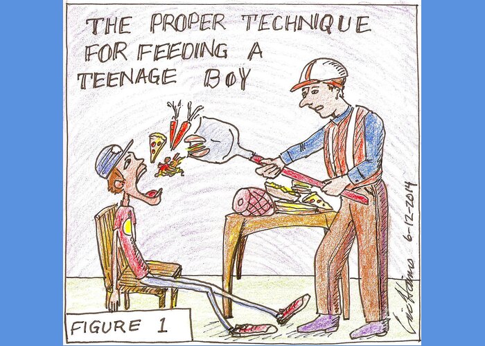 Teenager Greeting Card featuring the drawing Proper Technique For Feeding a Teenage Boy by Eric Haines