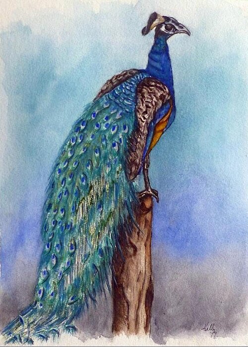 Peacock Greeting Card featuring the painting Proud Peacock by Kelly Mills