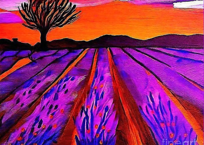 Sunset Greeting Card featuring the painting Provencal Sunset Painting sunset cyprus trees provence colourist by N Akkash