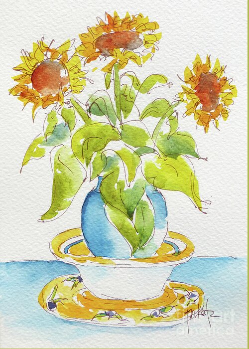 Impressionism Greeting Card featuring the painting Provencale Sunflowers In Blue Vase by Pat Katz