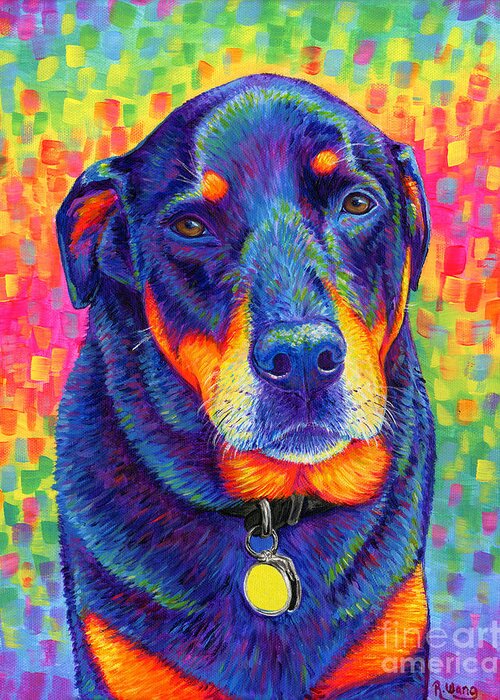 Rottweiler Greeting Card featuring the painting Psychedelic Rainbow Rottweiler by Rebecca Wang