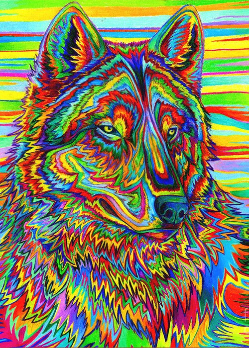 Psychedelic Greeting Card featuring the drawing Psychedelic Wolf by Rebecca Wang