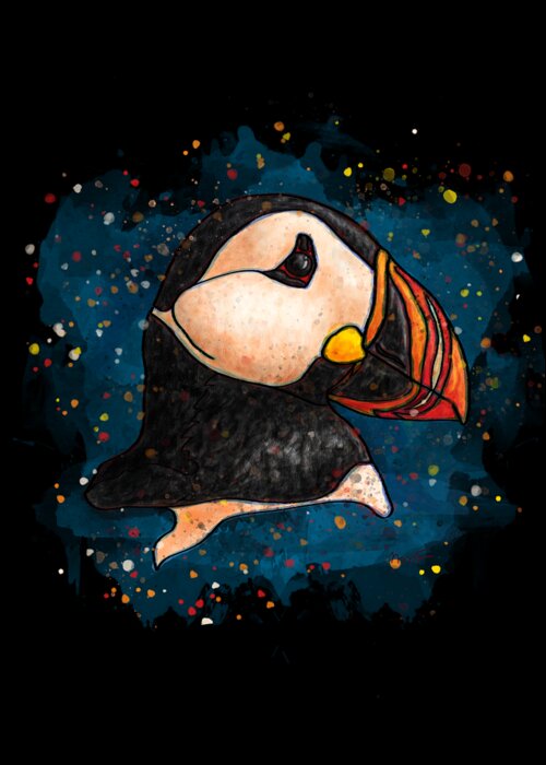 Puffin Greeting Card featuring the painting Puffin head on black background, Splatter art puffin by Nadia CHEVREL