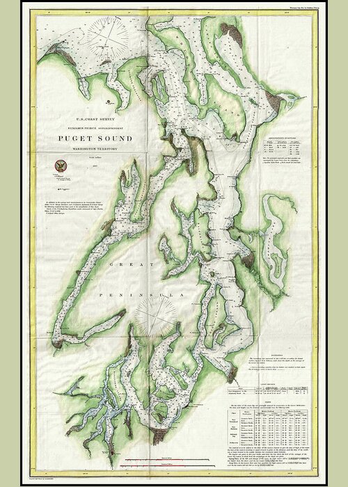 Puget Sound Map Greeting Card featuring the photograph Puget Sound Washington State US Coast Survey Vintage Map 1867 by Carol Japp