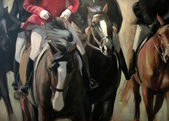 Horse Horses Foxhunt Animals Equestrian Oil Painting Contemporary Greeting Card featuring the painting Pulling on the rein by Susan Bradbury