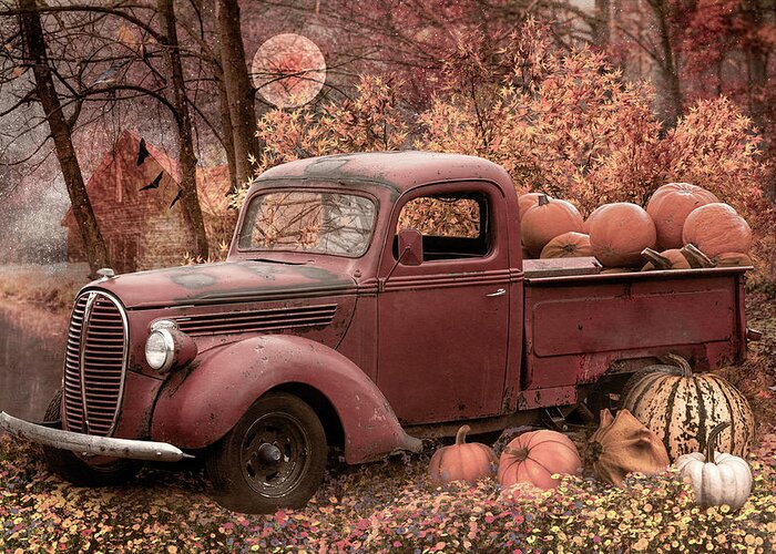 Truck Greeting Card featuring the photograph Pumpkin Farmhouse Truck on Halloween by Debra and Dave Vanderlaan
