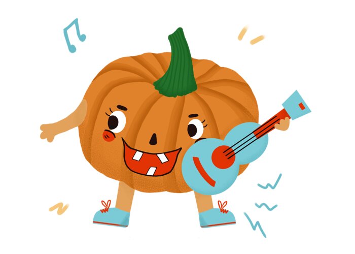 Music Greeting Card featuring the drawing Pumpkins love to play the ukulele by Min Fen Zhu