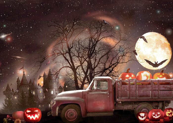 Truck Greeting Card featuring the photograph Pumpkins under the Halloween Country Moon by Debra and Dave Vanderlaan