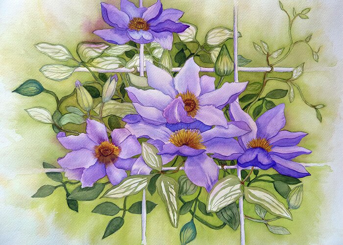 Flowers On Trellis Greeting Card featuring the painting Purple Clematis Jackmanii On White Trellis by Deborah League