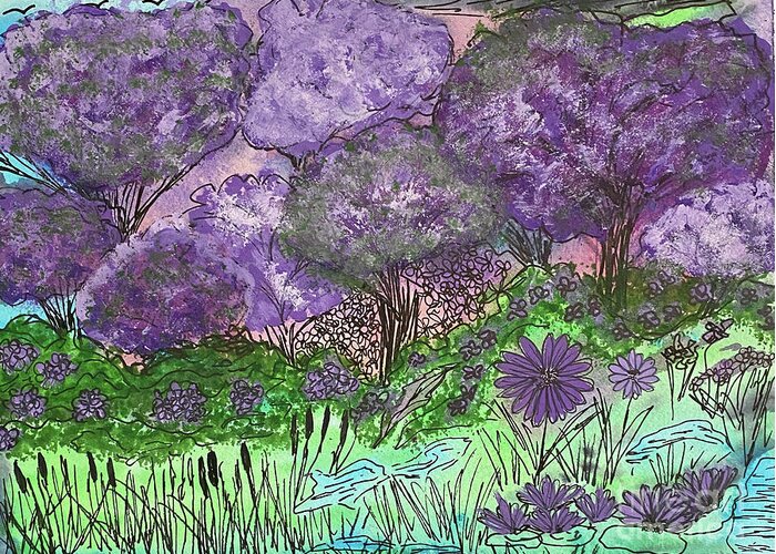 Purple Greeting Card featuring the mixed media Purple Doodle Scene by Lisa Neuman