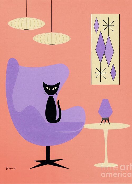 Mid Century Modern Black Cat Greeting Card featuring the mixed media Purple Egg Chair with Diamonds by Donna Mibus