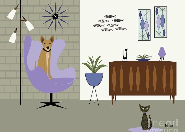Mid Century Dog Greeting Card featuring the digital art Purple Egg Chair with Dog and Cat by Donna Mibus