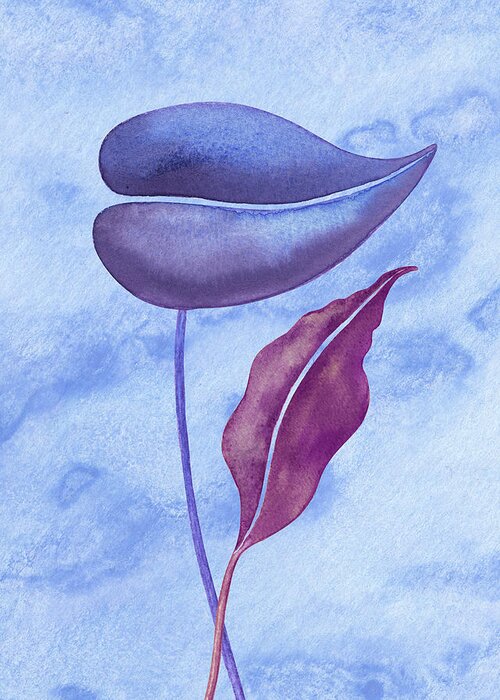 Purple Greeting Card featuring the painting Purple Exotic Leaves With Blue Watercolor Sky by Irina Sztukowski