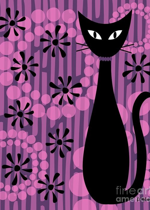 Abstract Cat Greeting Card featuring the digital art Purple Pink Mod Cat by Donna Mibus