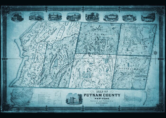 Putnam County Greeting Card featuring the photograph Putnam County New York State Vintage Map 1854 Blue by Carol Japp
