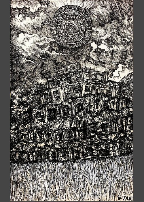 Pen And Ink Drawing Greeting Card featuring the drawing Pyramid of the Seven Stories and The Fifth Sun by Angela Weddle
